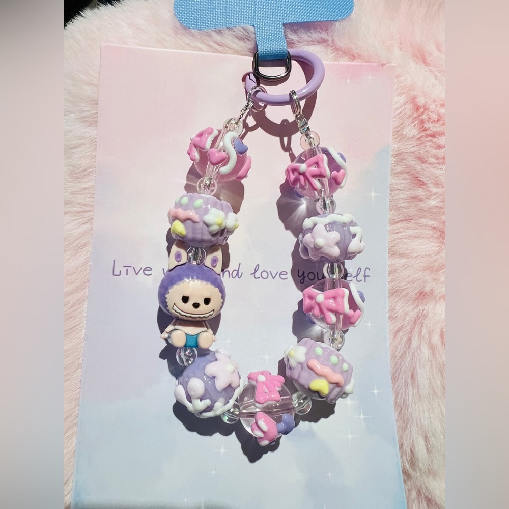 ❤️Buy 3 get 1 free Cute Labubu with Pink and Purple Beaded Keychain